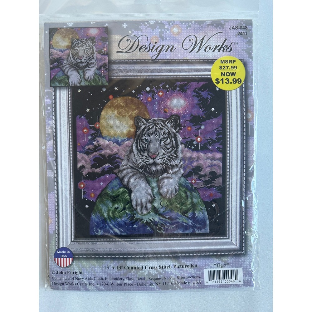 Design Works Tiger Counted Cross Stitch Kit John Enright 13x13 Navy Aida JAS-048